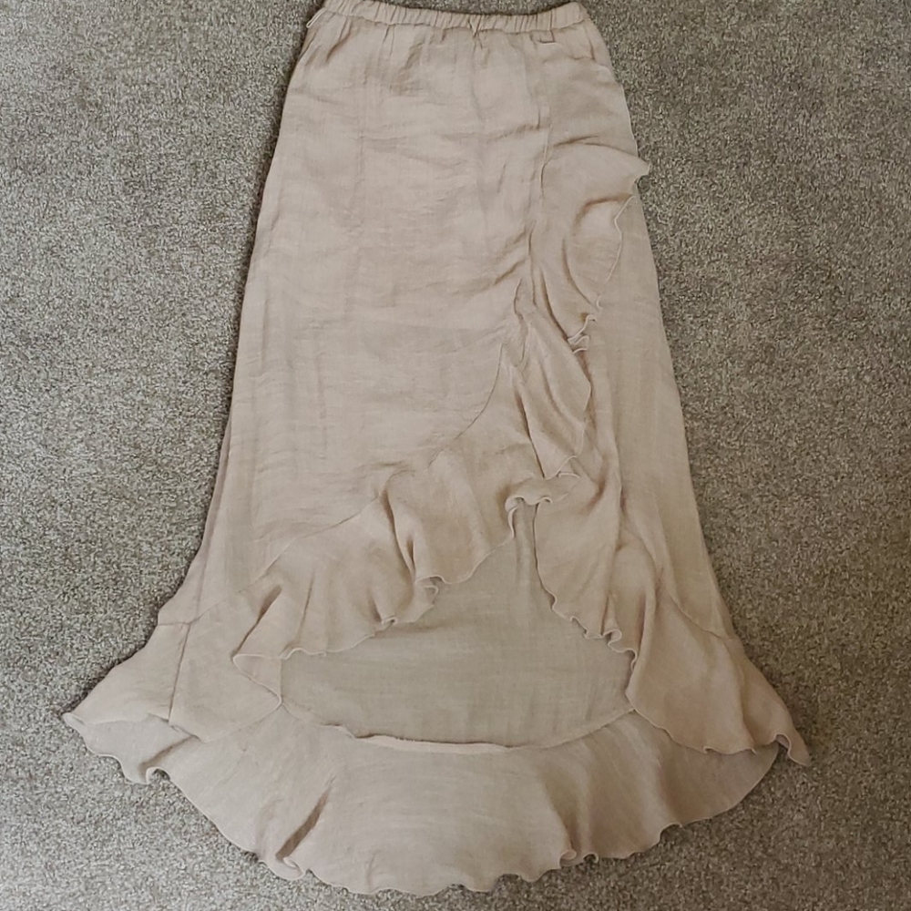 High-Low Khaki Ruffle Midi Skirt